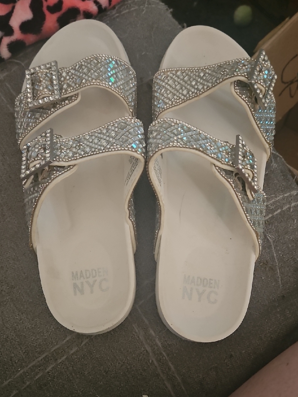 New Madden NYC Women's Crystal-Trim White Slide Sandals